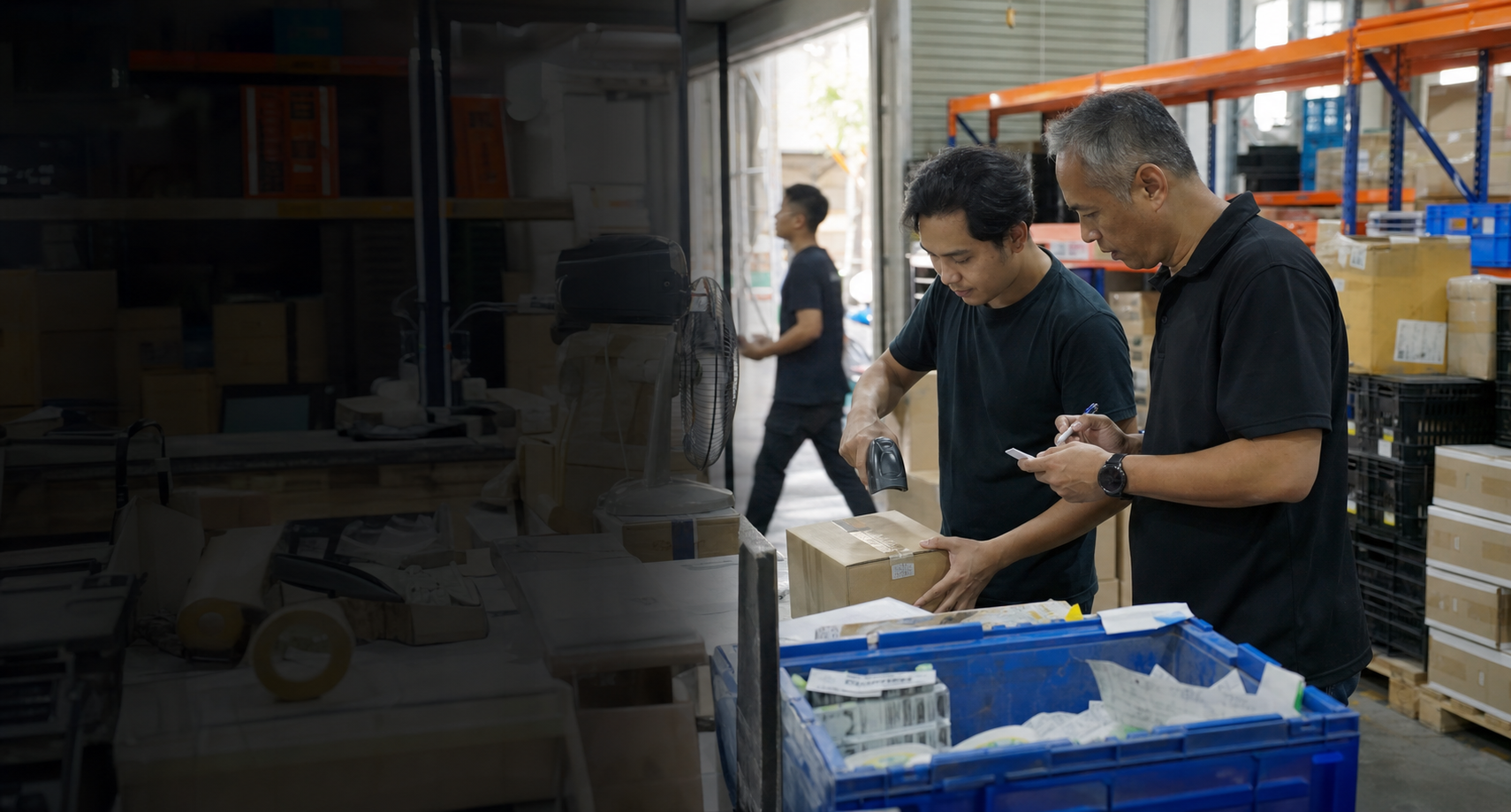 Experienced warehouse practitioner observing an operator scan a live order and recording process notes