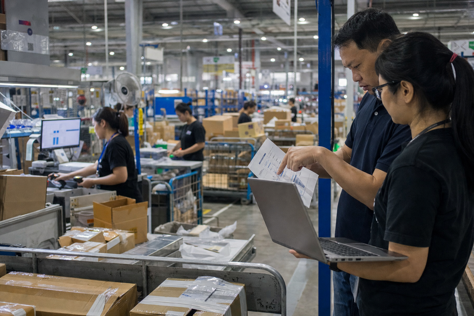 Warehouse operations manager and analyst reviewing measured shift results beside the active fulfilment floor