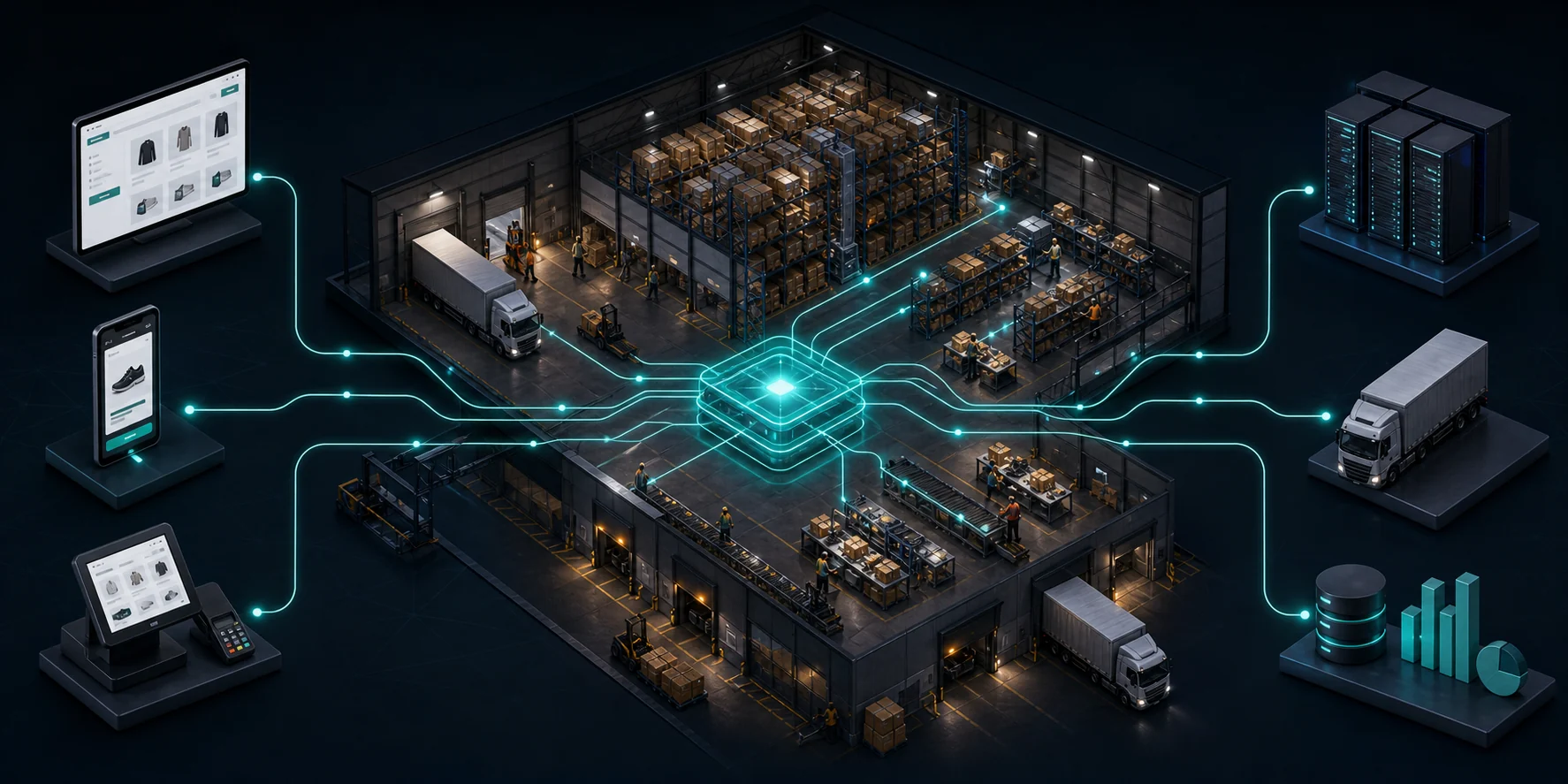 Omnichannel storefront, marketplace and retail demand connected through a central warehouse execution layer to ERP, carriers and analytics