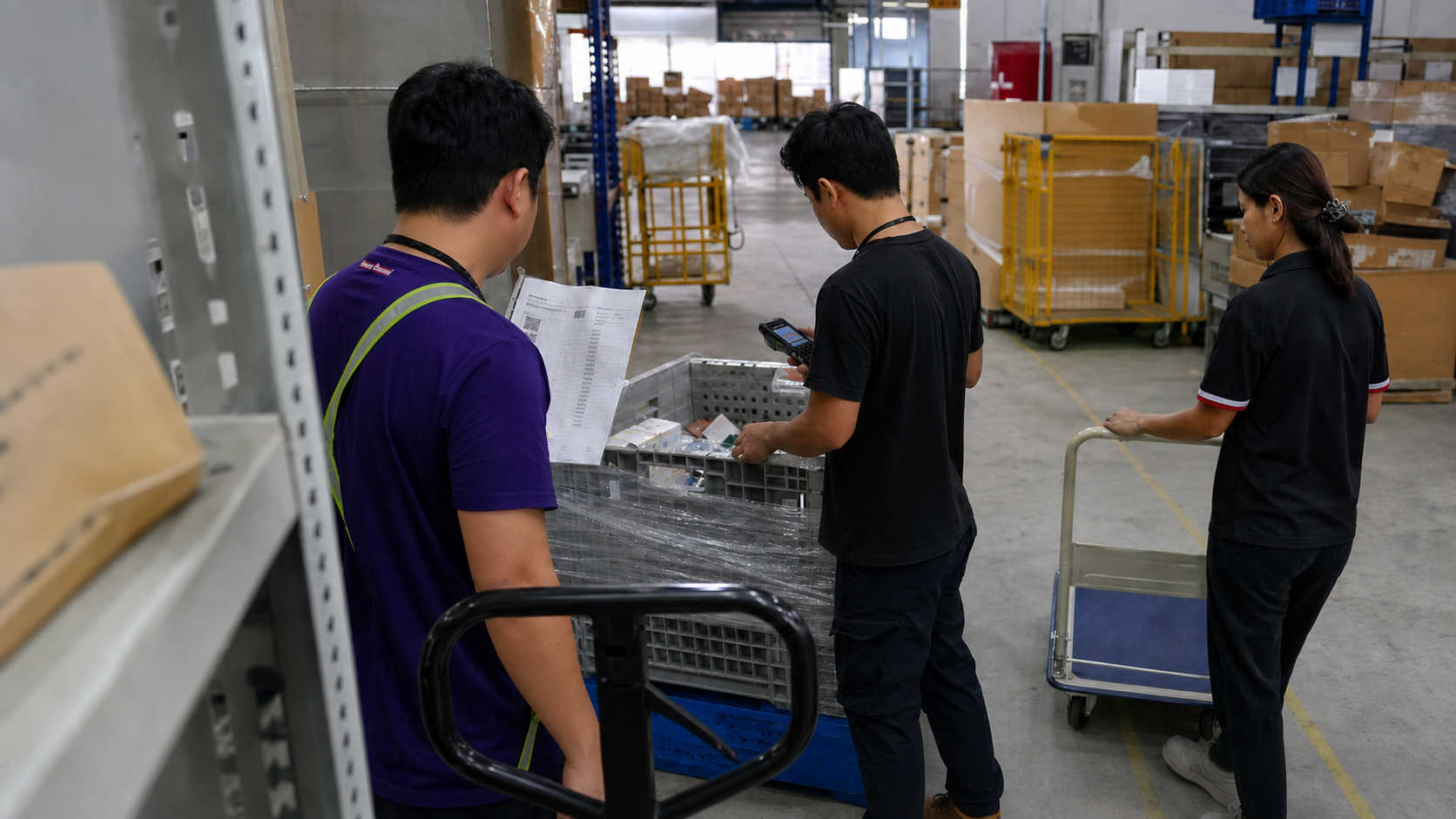 Warehouse workers navigating competing ecommerce, retail and wholesale order priorities