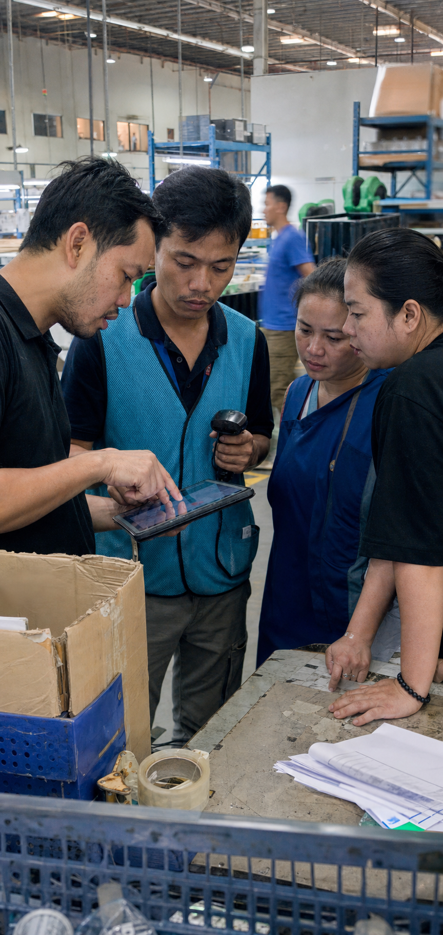 Experienced implementation specialist coaching warehouse operators using a tablet and barcode scanner on the warehouse floor