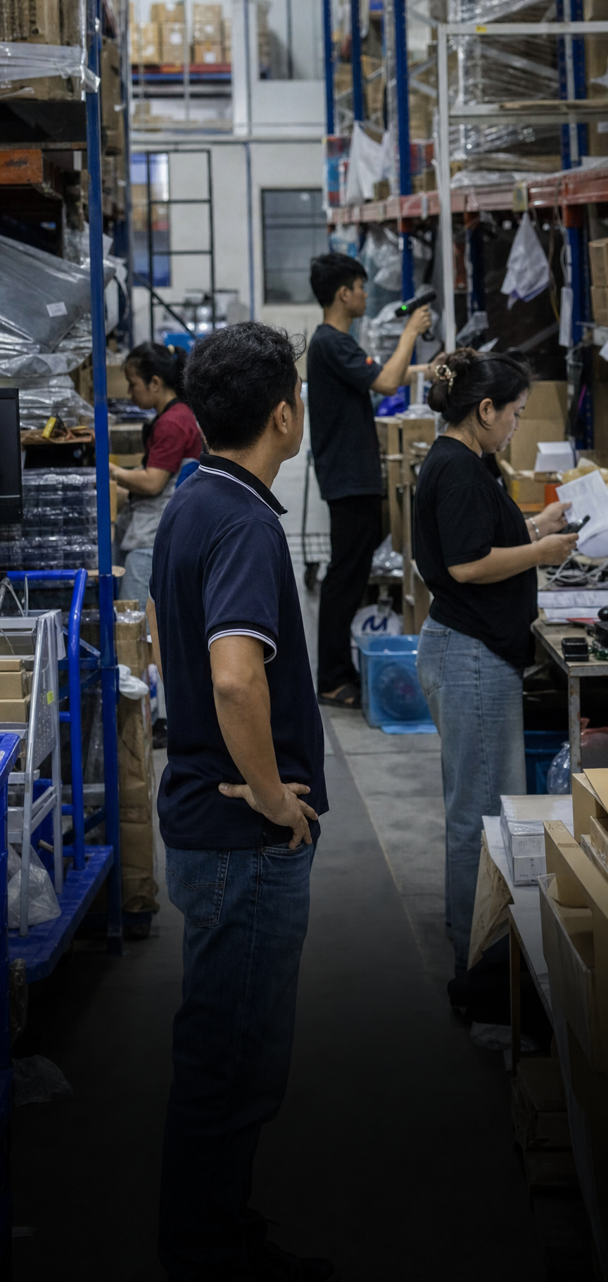 Warehouse supervisor watching competing paper and scanner workflows on a busy fulfilment floor