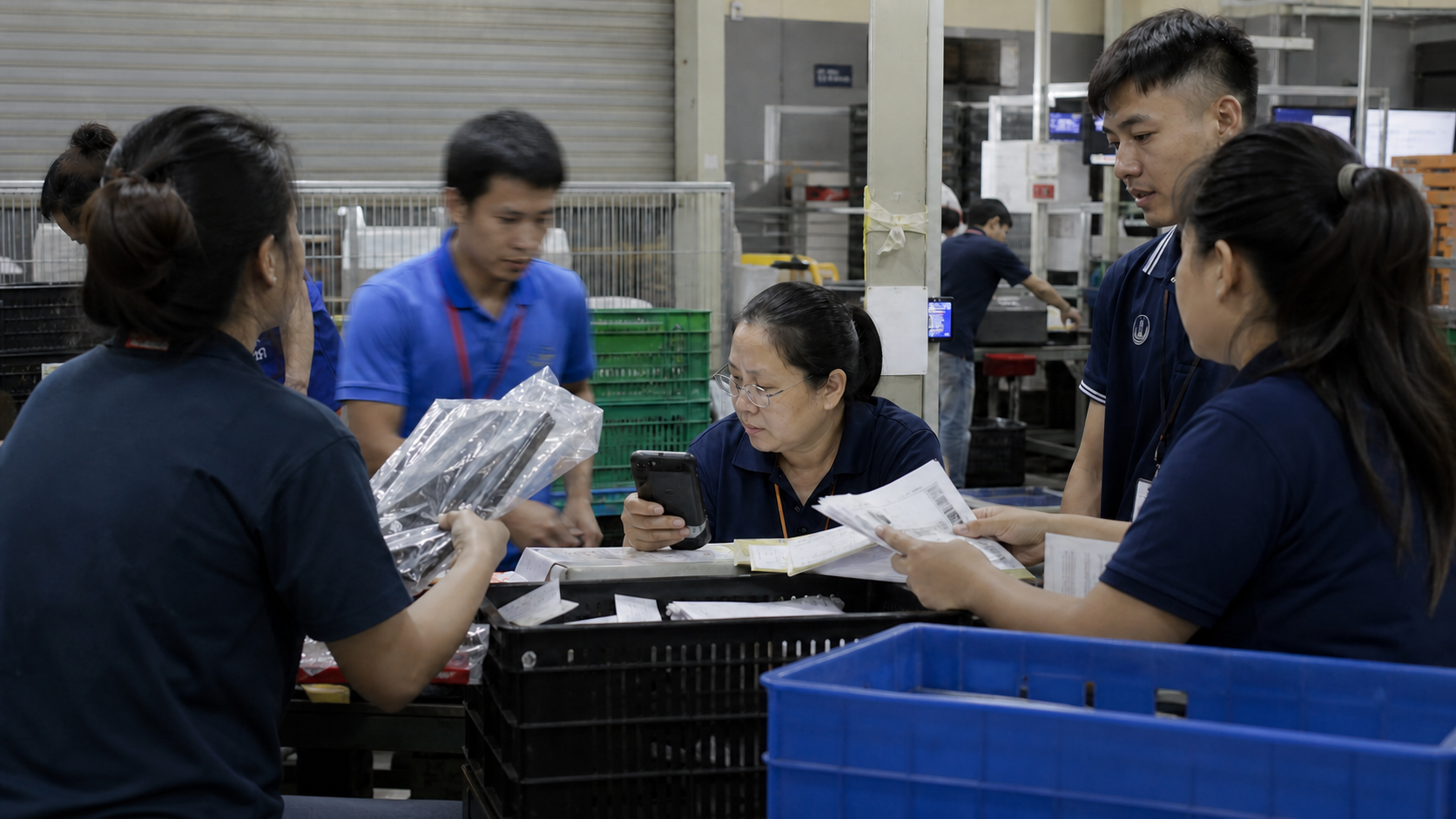 Warehouse team members bringing multiple exceptions to one experienced lead