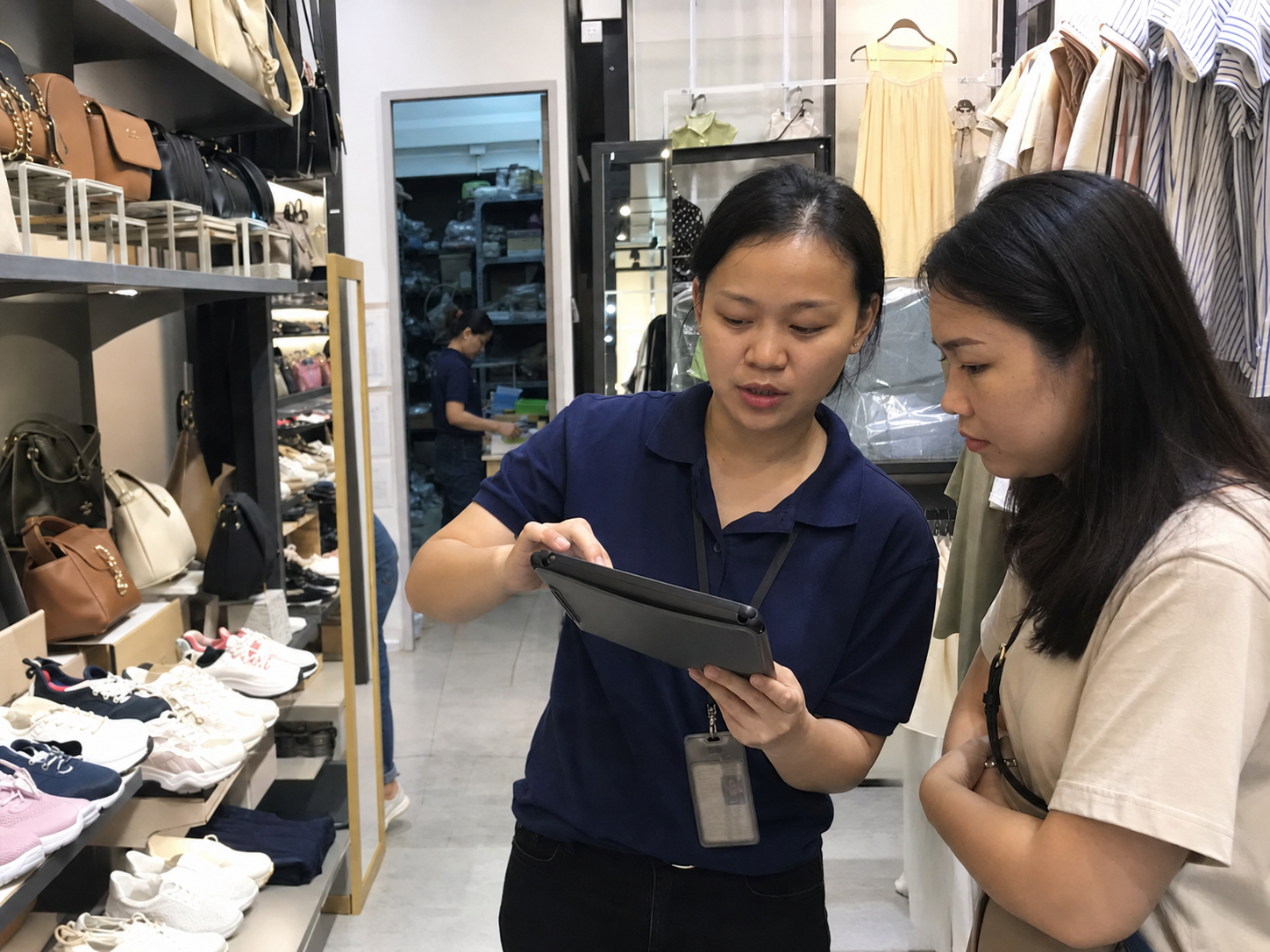 Retail associate helping a customer check stock across stores and the central warehouse