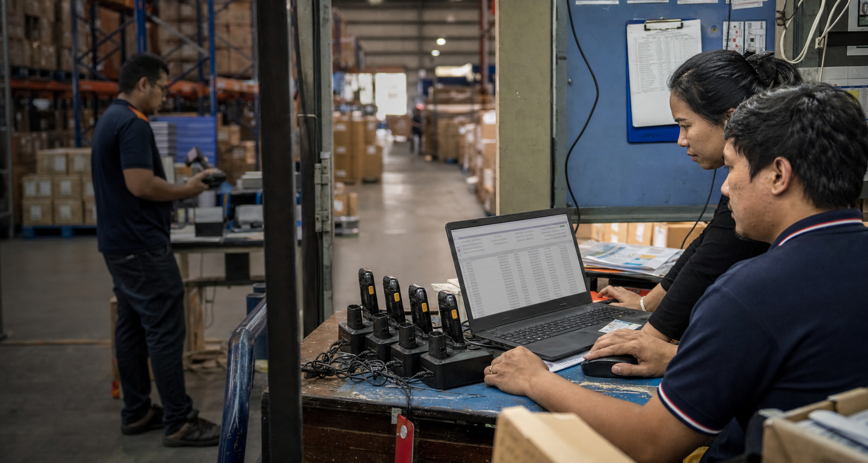 Warehouse systems team reviewing operational access records beside active scanner work