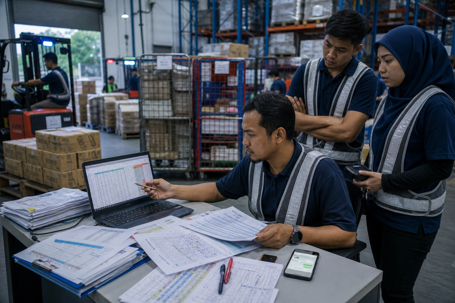 Warehouse team waiting while a supervisor reconciles conflicting spreadsheets and printed inventory lists